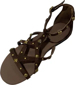 Women's Strappy Sandals with Gold Studded Details, Black, Ankle Strap Sandals with Studs and Floral Details
