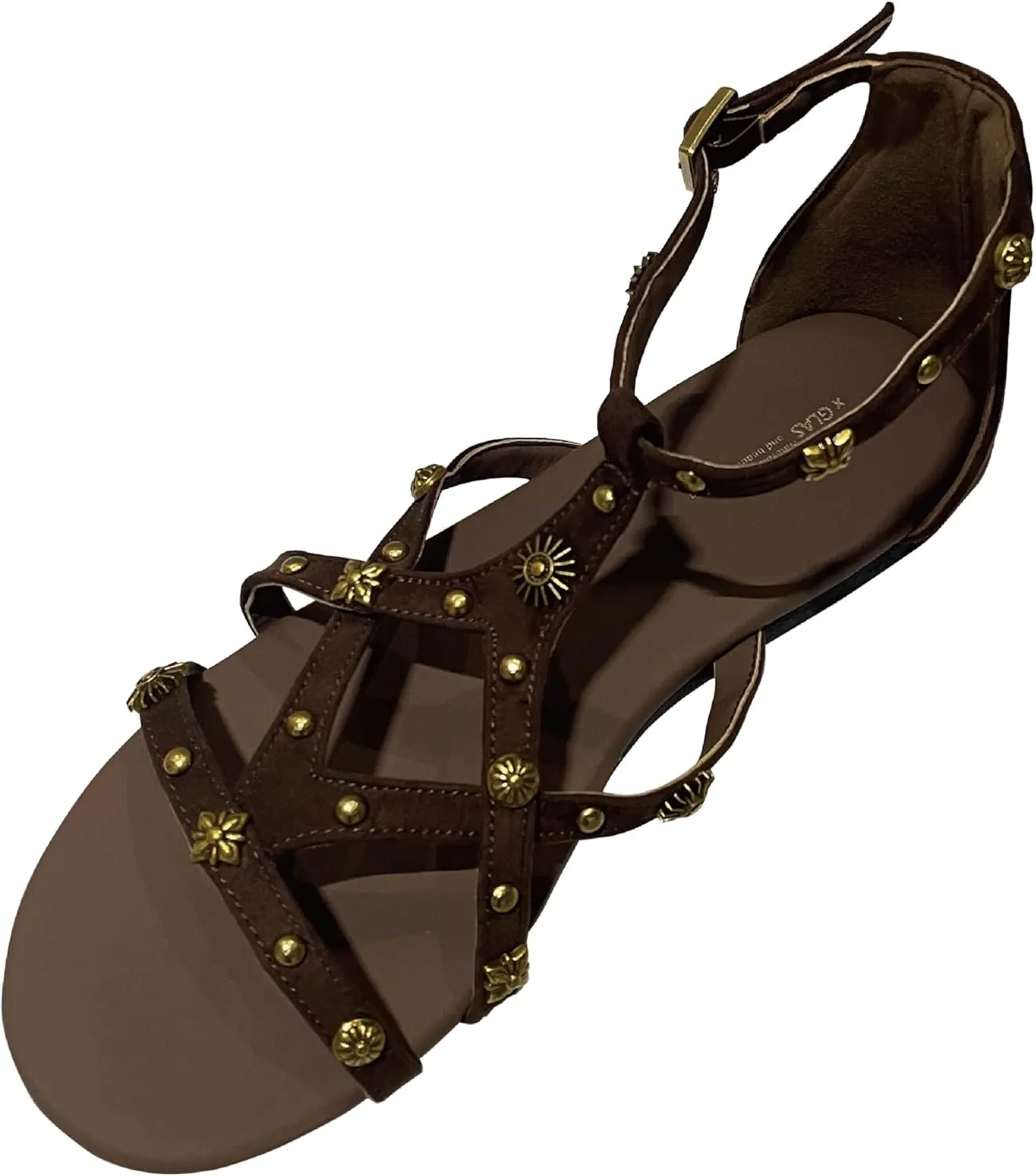 Women's Strappy Sandals with Gold Studded Details, Black, Ankle Strap Sandals with Studs and Floral Details