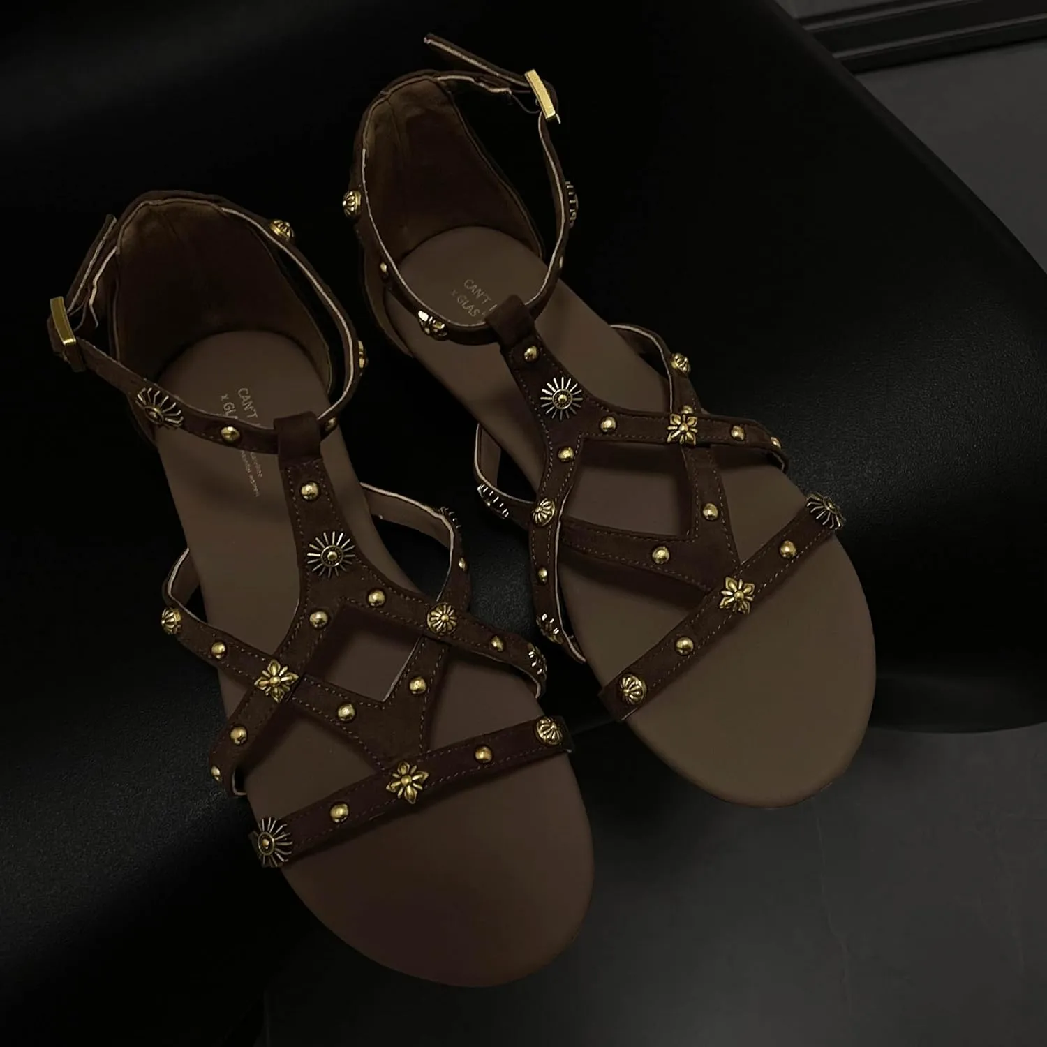 Women's Strappy Sandals with Gold Studded Details, Black, Ankle Strap Sandals with Studs and Floral Details