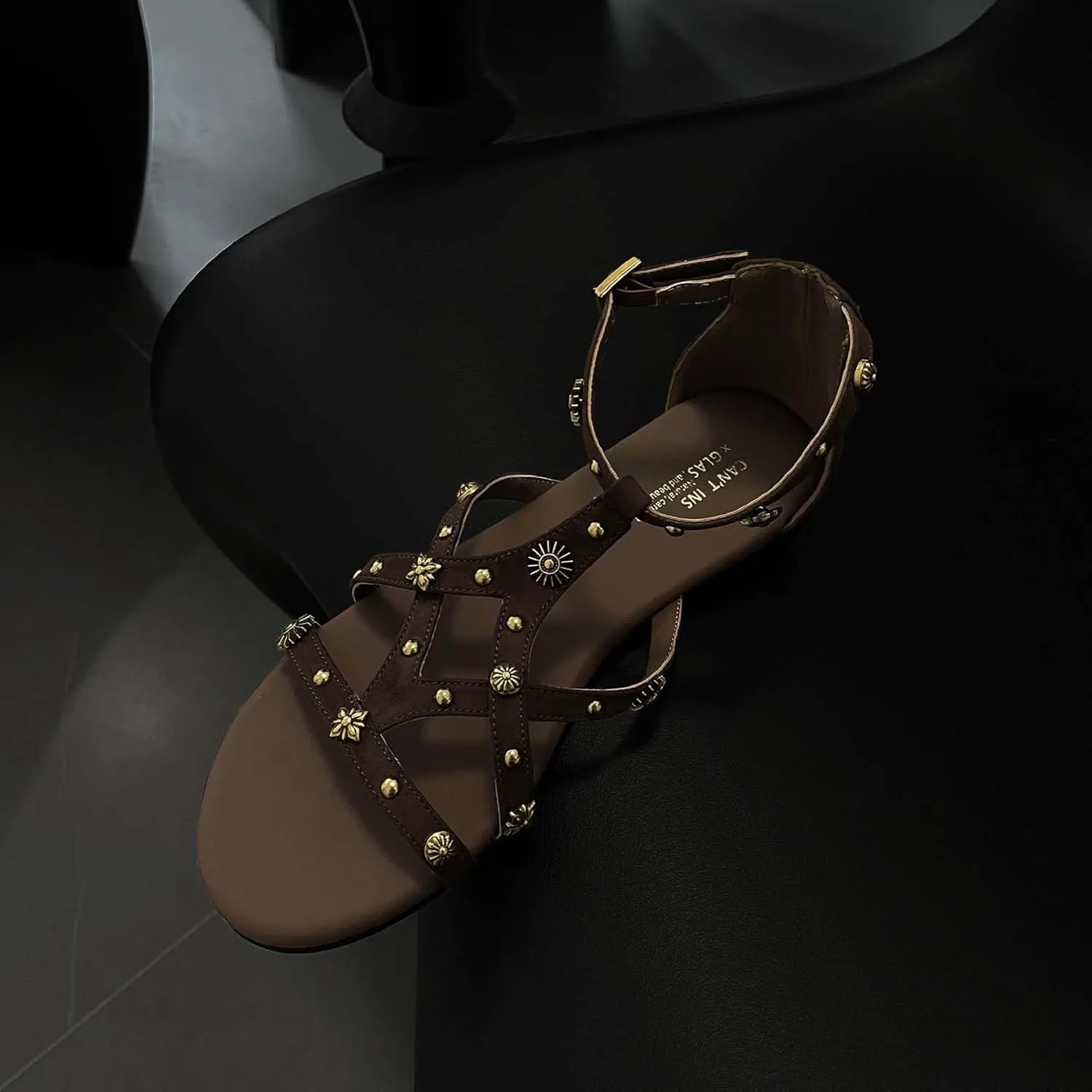 Women's Strappy Sandals with Gold Studded Details, Black, Ankle Strap Sandals with Studs and Floral Details