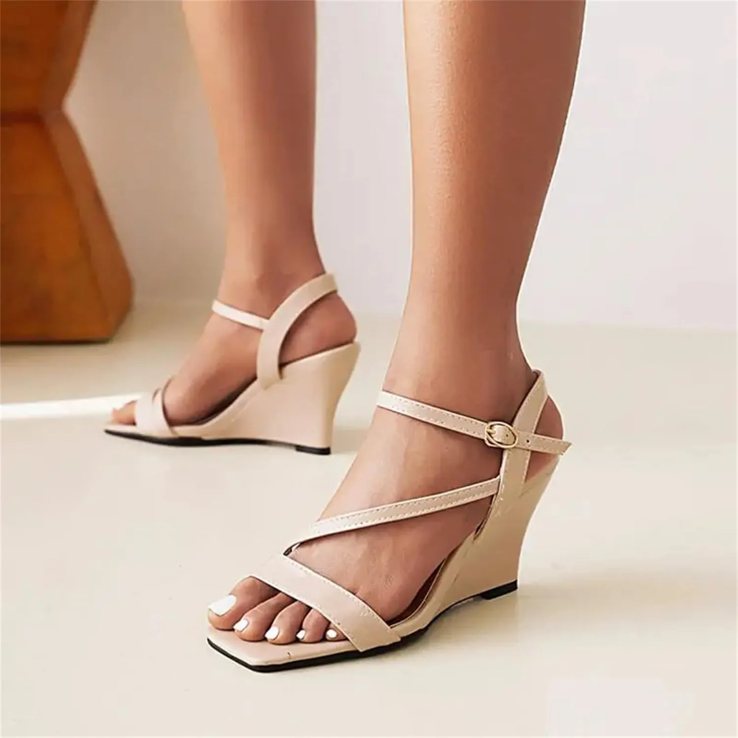 Women's Strappy Wedge Sandals - Red Black Concise, Summer Casual High Heels