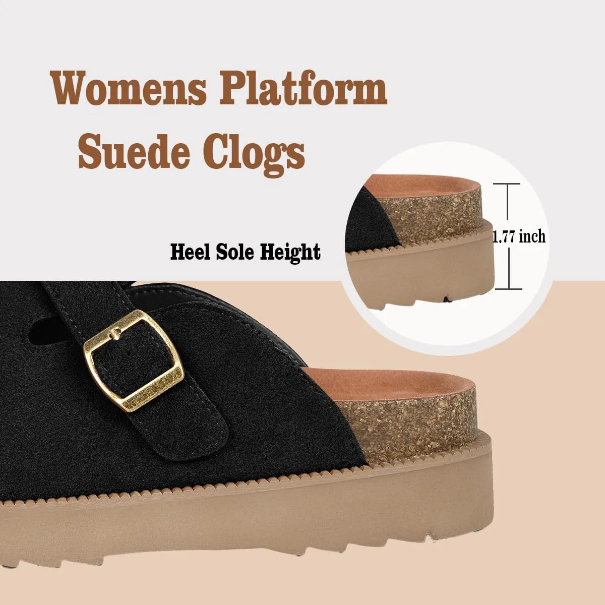 Women's Suede Clogs Leather Mules Comfort Cork Footbed Platform Clogs Adjustable Buckle Slip On Sandals Potato Shoes with Arch Support