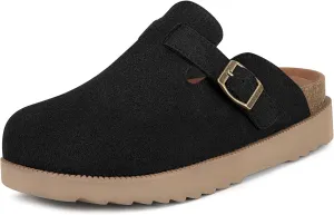 Women's Suede Clogs Leather Mules Comfort Cork Footbed Platform Clogs Adjustable Buckle Slip On Sandals Potato Shoes with Arch Support