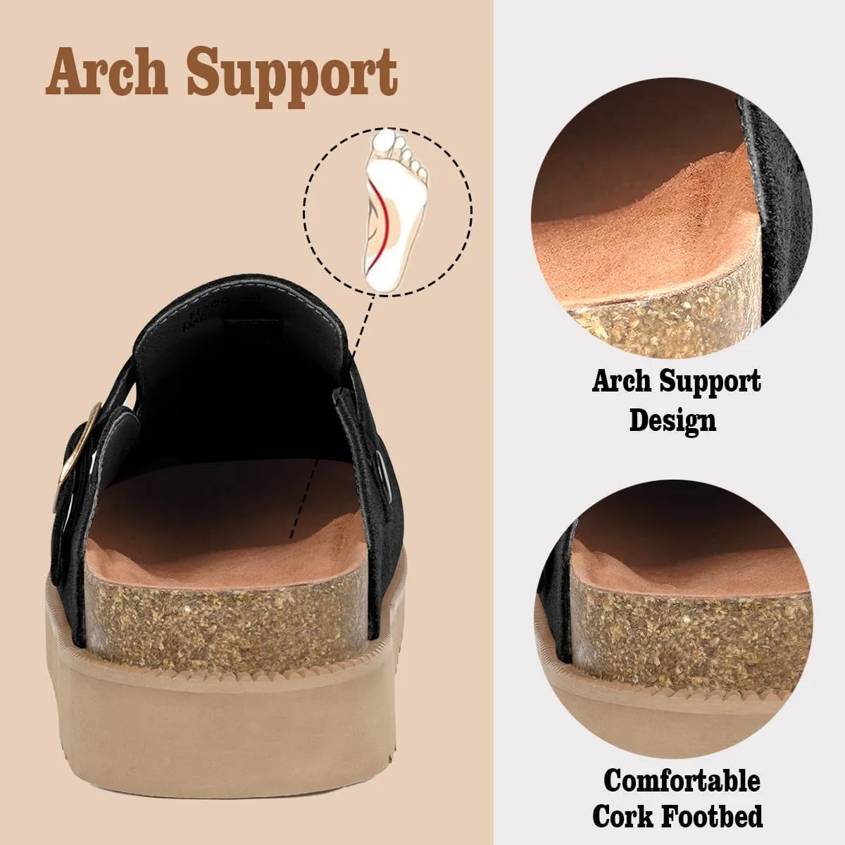 Women's Suede Clogs Leather Mules Comfort Cork Footbed Platform Clogs Adjustable Buckle Slip On Sandals Potato Shoes with Arch Support