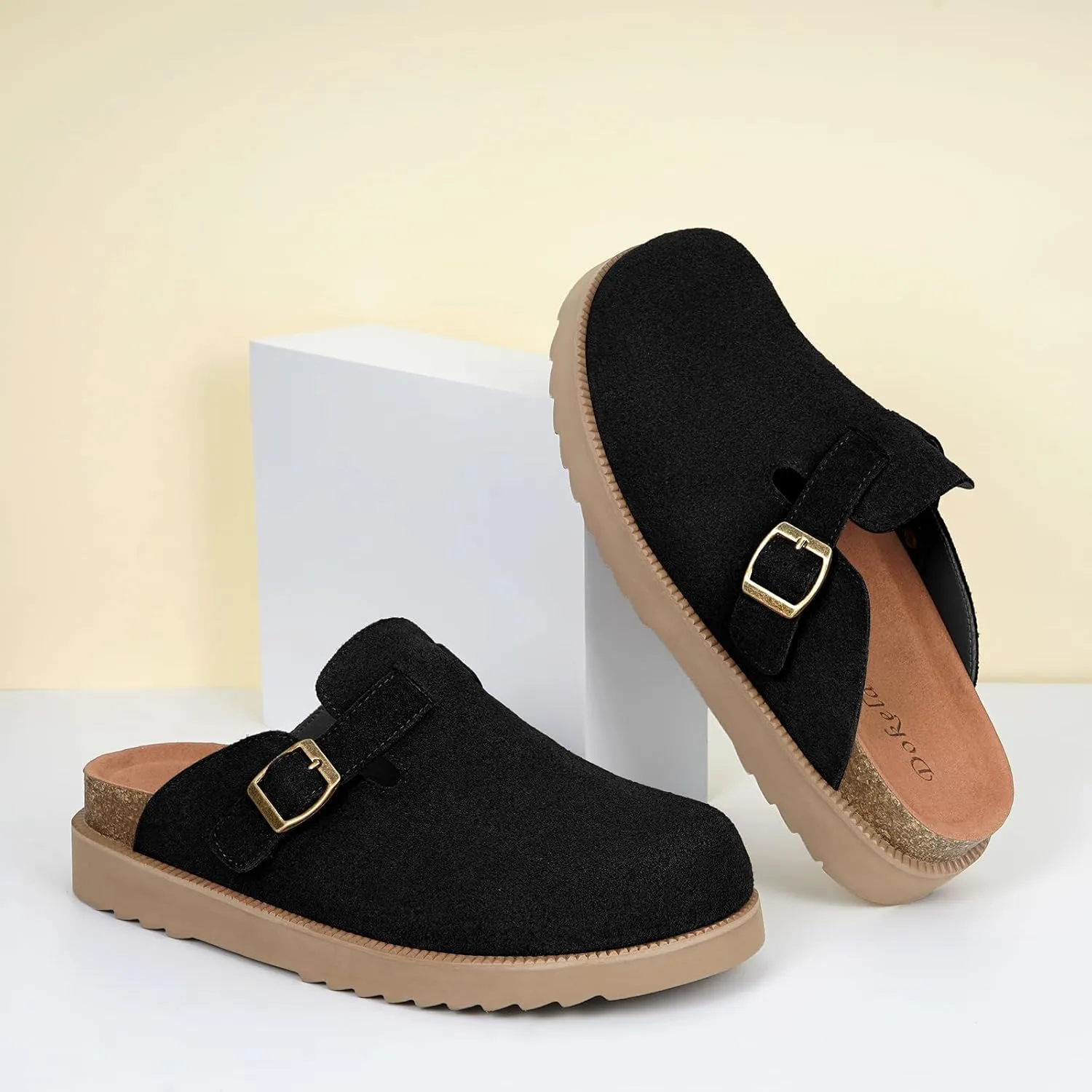 Women's Suede Clogs Leather Mules Comfort Cork Footbed Platform Clogs Adjustable Buckle Slip On Sandals Potato Shoes with Arch Support