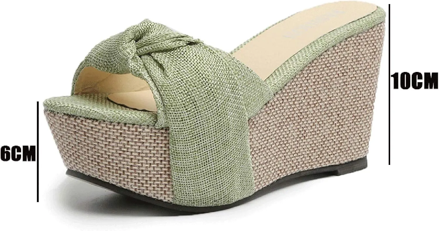 Womens Wedge Sandals Platform Espadrille Bow Slip on Summer Slides Backless Open Toe High Heels Slippers Casual Comfy Beach Shoes,Black,US7/EU38