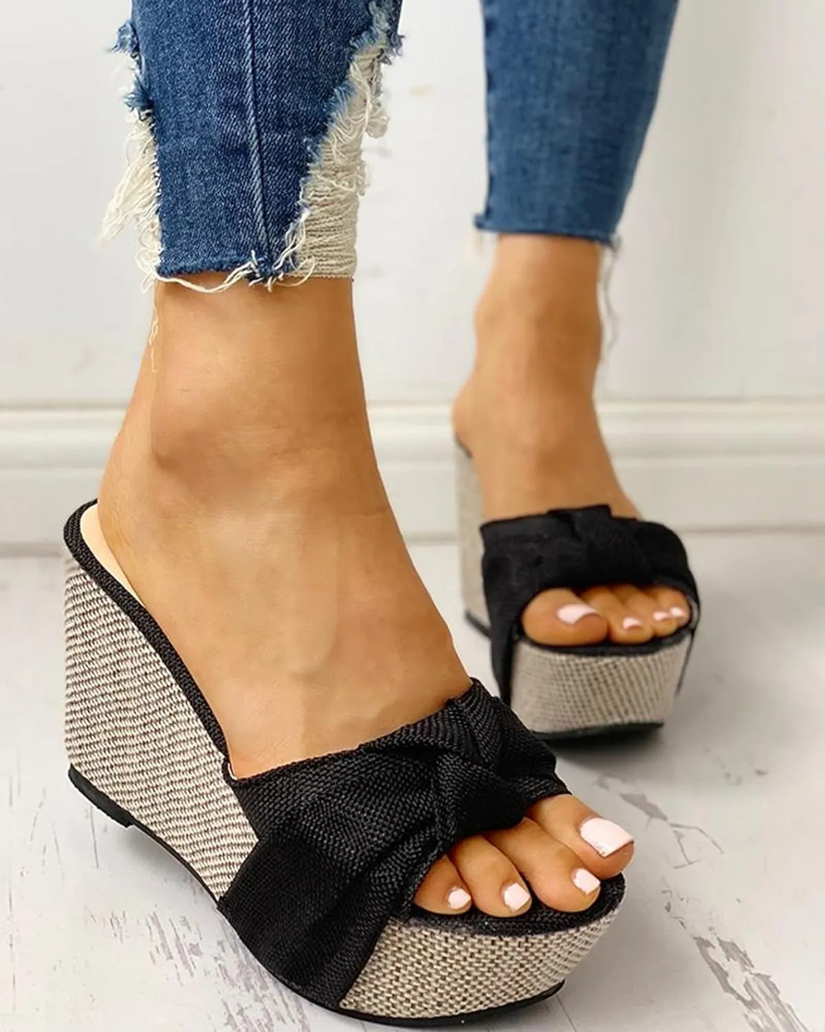 Womens Wedge Sandals Platform Espadrille Bow Slip on Summer Slides Backless Open Toe High Heels Slippers Casual Comfy Beach Shoes,Black,US7/EU38