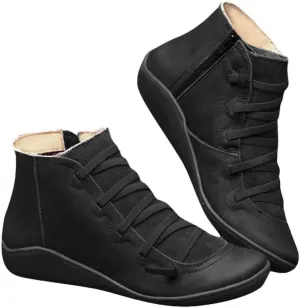 Womenyiaor Women's Ankle Boots, Arch Support, Fashion Lace Up & Side Zipper, Vintage Retro Ankle Booties, Comfortable Slip On, Flat Low Heel Boots, Fall Boots, Grey