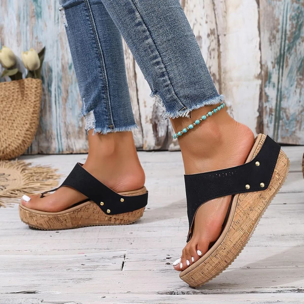 Wooden Clogs for Women Wedge Sandals Flip Flops Mules Slip on Platform Shoes Slippers for Teen Girls - Lightweight Running Comfortable Walking Beach Travel Standing All Day Birthday Gifts Trendy