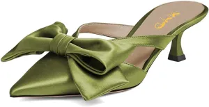 XYD Women Bowknot Closed Pointed Toe Mule Sandals Mid Kitten Heel Slip On Slide Slippers Evening Party Shoes