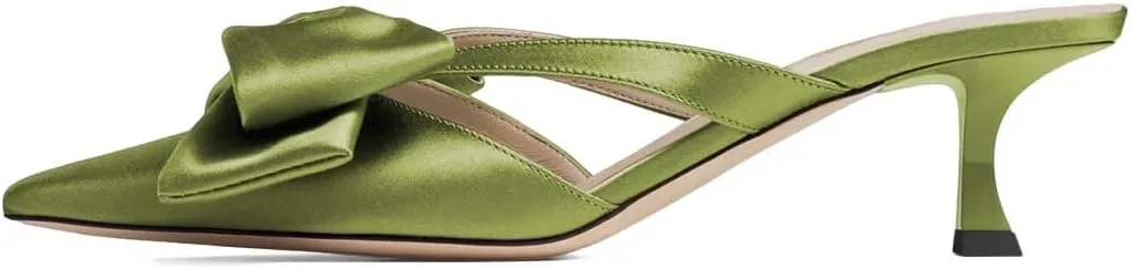 XYD Women Bowknot Closed Pointed Toe Mule Sandals Mid Kitten Heel Slip On Slide Slippers Evening Party Shoes