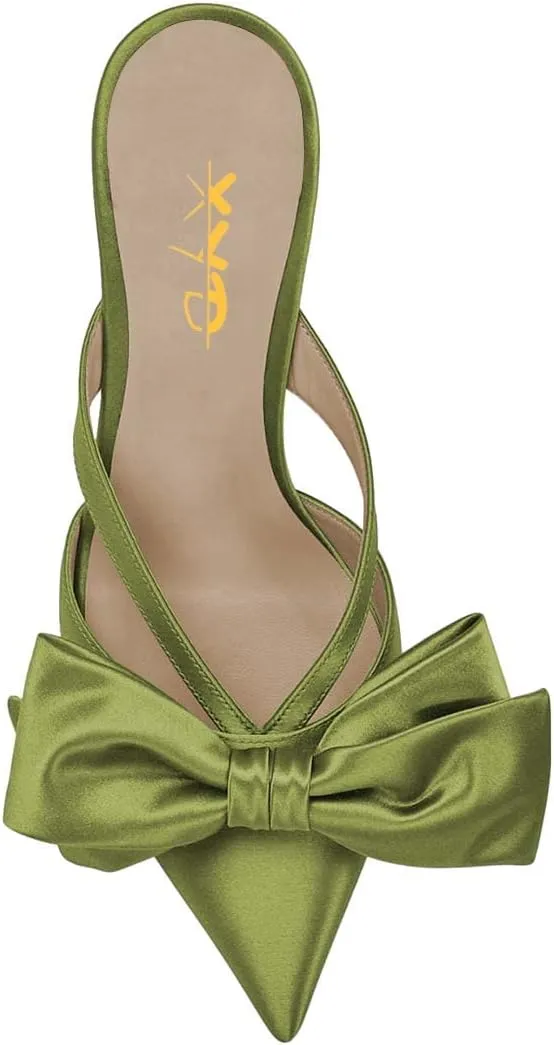 XYD Women Bowknot Closed Pointed Toe Mule Sandals Mid Kitten Heel Slip On Slide Slippers Evening Party Shoes