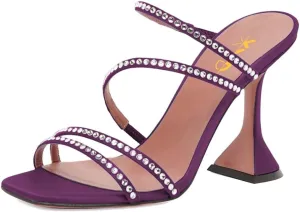 XYD Women Rhinestones Studded Slip On Slide Sandals High Flared Heel Mule Slippers Summer Outdoor Party Dress Shoes