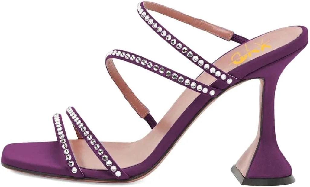 XYD Women Rhinestones Studded Slip On Slide Sandals High Flared Heel Mule Slippers Summer Outdoor Party Dress Shoes