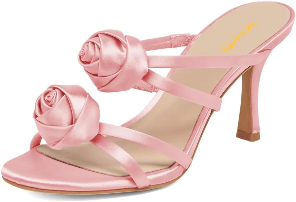 XYD Women Satin Flowers Open Toe High Heel Stiletto Mules Multi Straps Slip-on Slides Sandals Summer Dress Date Shoes