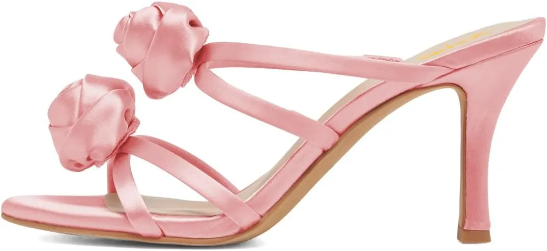 XYD Women Satin Flowers Open Toe High Heel Stiletto Mules Multi Straps Slip-on Slides Sandals Summer Dress Date Shoes