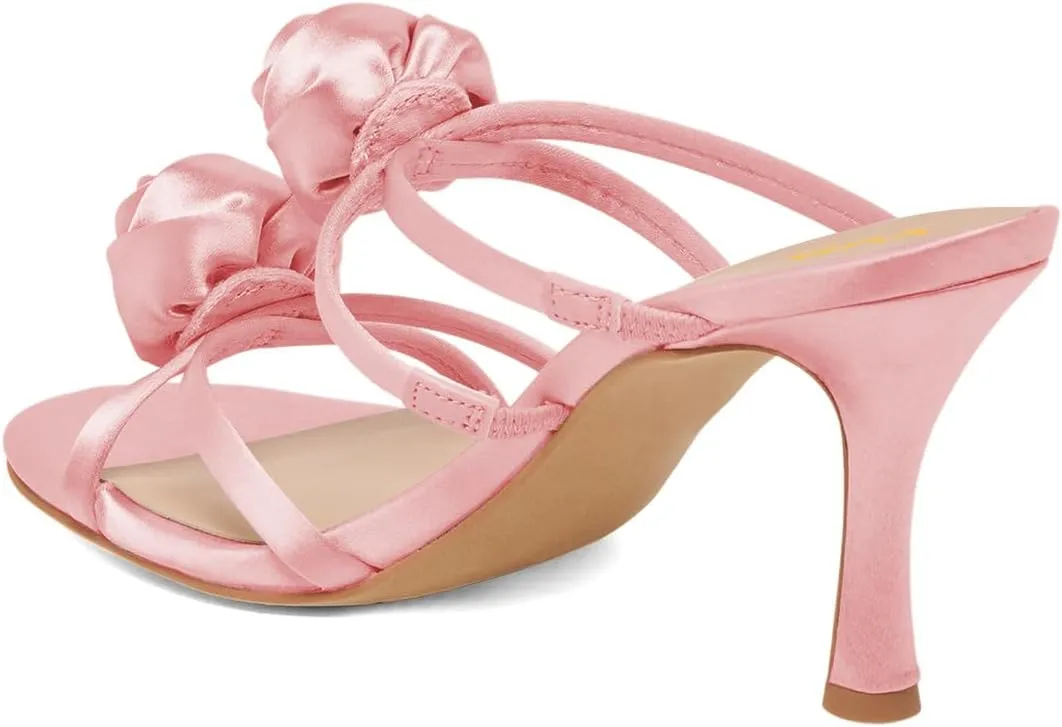XYD Women Satin Flowers Open Toe High Heel Stiletto Mules Multi Straps Slip-on Slides Sandals Summer Dress Date Shoes