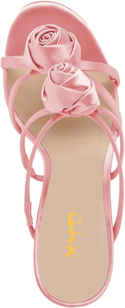 XYD Women Satin Flowers Open Toe High Heel Stiletto Mules Multi Straps Slip-on Slides Sandals Summer Dress Date Shoes