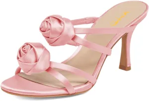 XYD Women Satin Flowers Open Toe High Heel Stiletto Mules Multi Straps Slip-on Slides Sandals Summer Dress Date Shoes