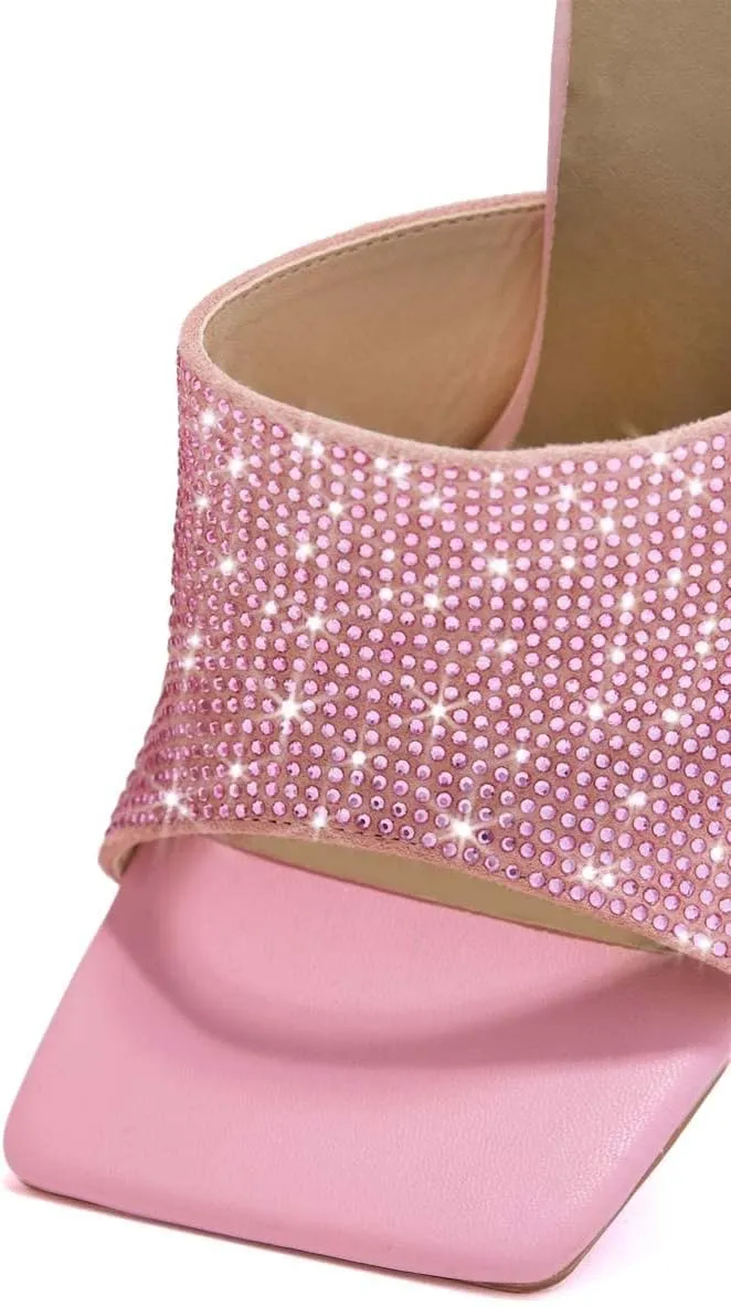 XYD Women Sparkly Rhinestones Open Square Toe Mule Sandals High Heel Stiletto Studded Slide Slipper Summer Outdoor Slip On Party Shoes