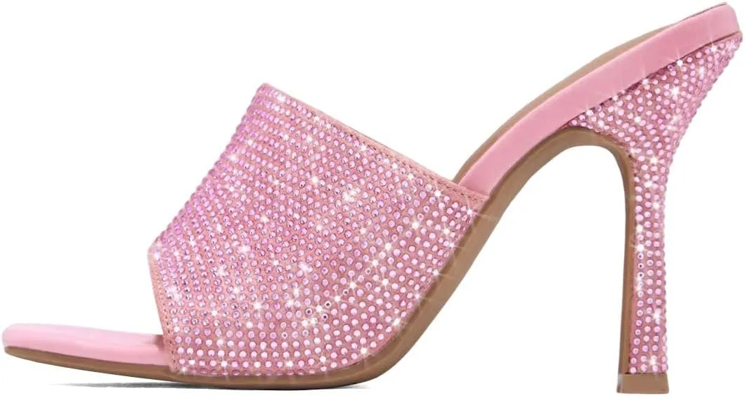 XYD Women Sparkly Rhinestones Open Square Toe Mule Sandals High Heel Stiletto Studded Slide Slipper Summer Outdoor Slip On Party Shoes