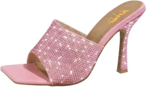 XYD Women Sparkly Rhinestones Open Square Toe Mule Sandals High Heel Stiletto Studded Slide Slipper Summer Outdoor Slip On Party Shoes