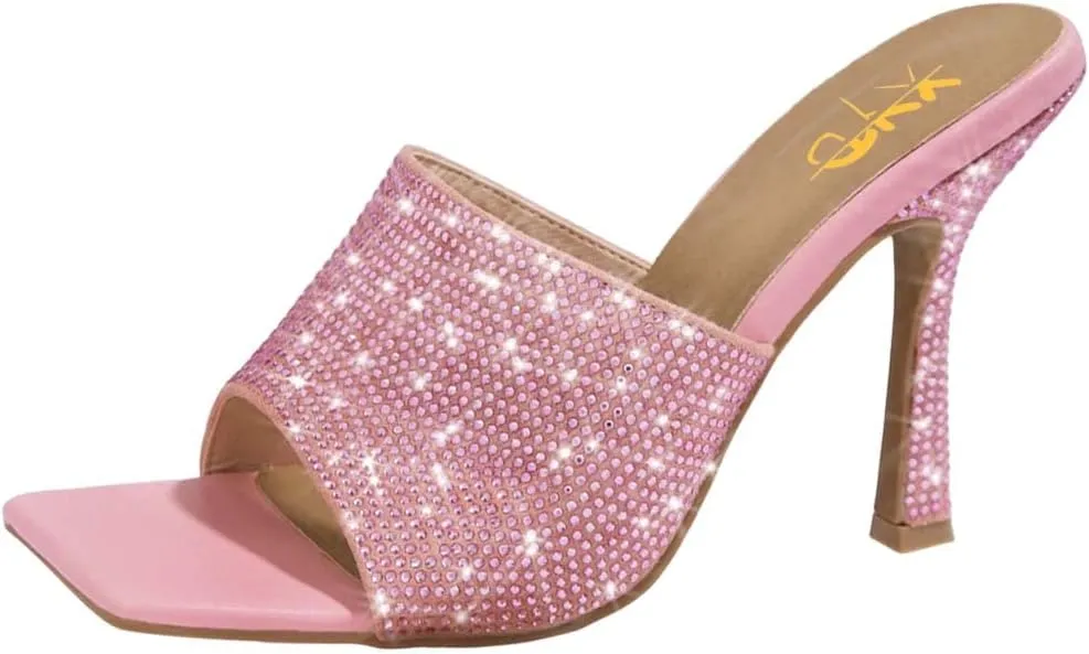 XYD Women Sparkly Rhinestones Open Square Toe Mule Sandals High Heel Stiletto Studded Slide Slipper Summer Outdoor Slip On Party Shoes