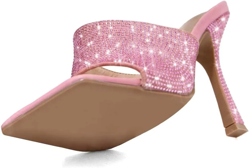XYD Women Sparkly Rhinestones Open Square Toe Mule Sandals High Heel Stiletto Studded Slide Slipper Summer Outdoor Slip On Party Shoes