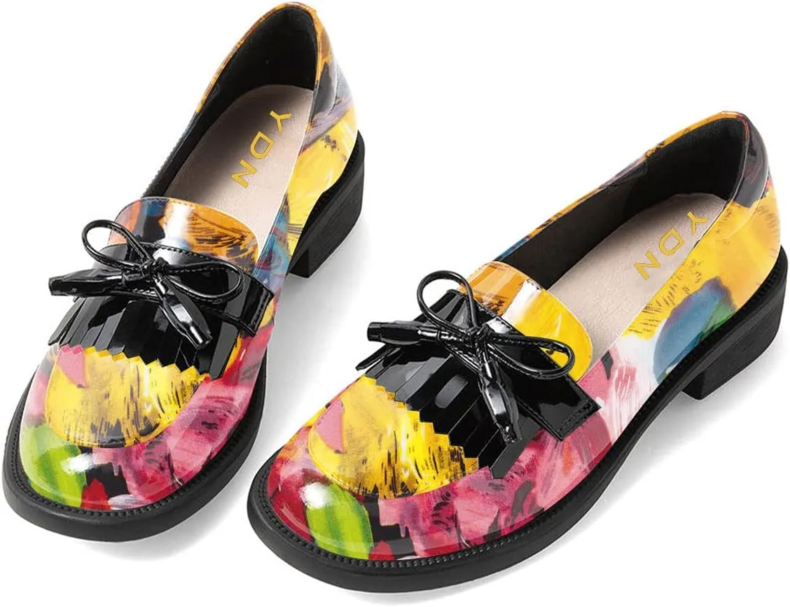 YDN Women Round Toe Tassel Flat Pumps Bow Slip on Penny Loafers Chunky Low Heel Casual Work Shoes Size 4-15 US