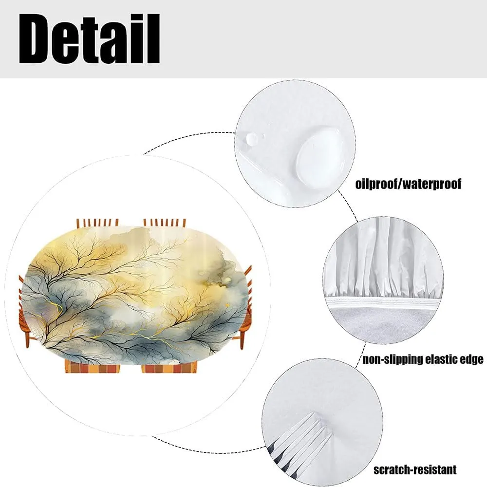 Yellow Fitted Table Cover, Autumnal Melancholy Leafless Branches on Dreamy Watercolor Look Back, Indoor/Outdoor Waterproof Tablecloth, Patio and Kitchen Dining, Fits 48" x 72" Table