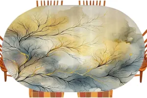 Yellow Fitted Table Cover, Autumnal Melancholy Leafless Branches on Dreamy Watercolor Look Back, Indoor/Outdoor Waterproof Tablecloth, Patio and Kitchen Dining, Fits 48" x 72" Table