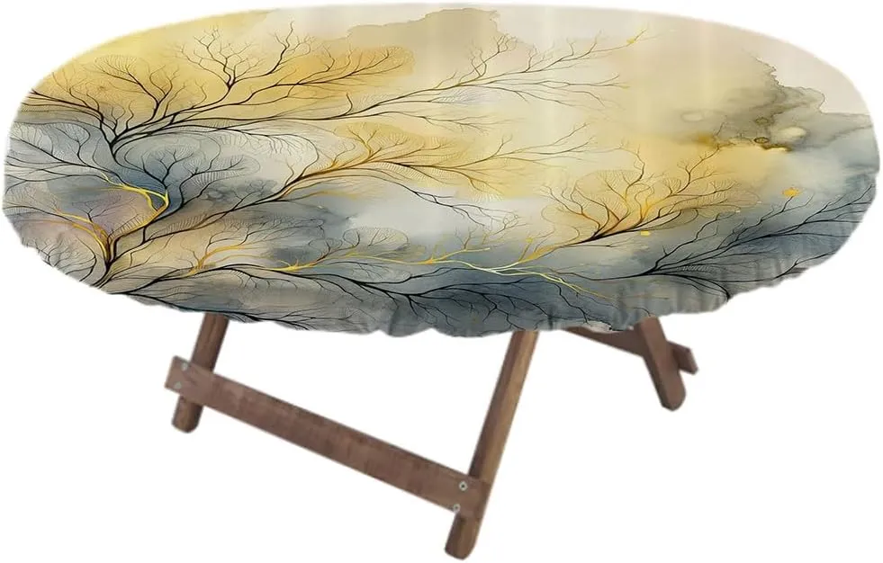 Yellow Fitted Table Cover, Autumnal Melancholy Leafless Branches on Dreamy Watercolor Look Back, Indoor/Outdoor Waterproof Tablecloth, Patio and Kitchen Dining, Fits 48" x 72" Table