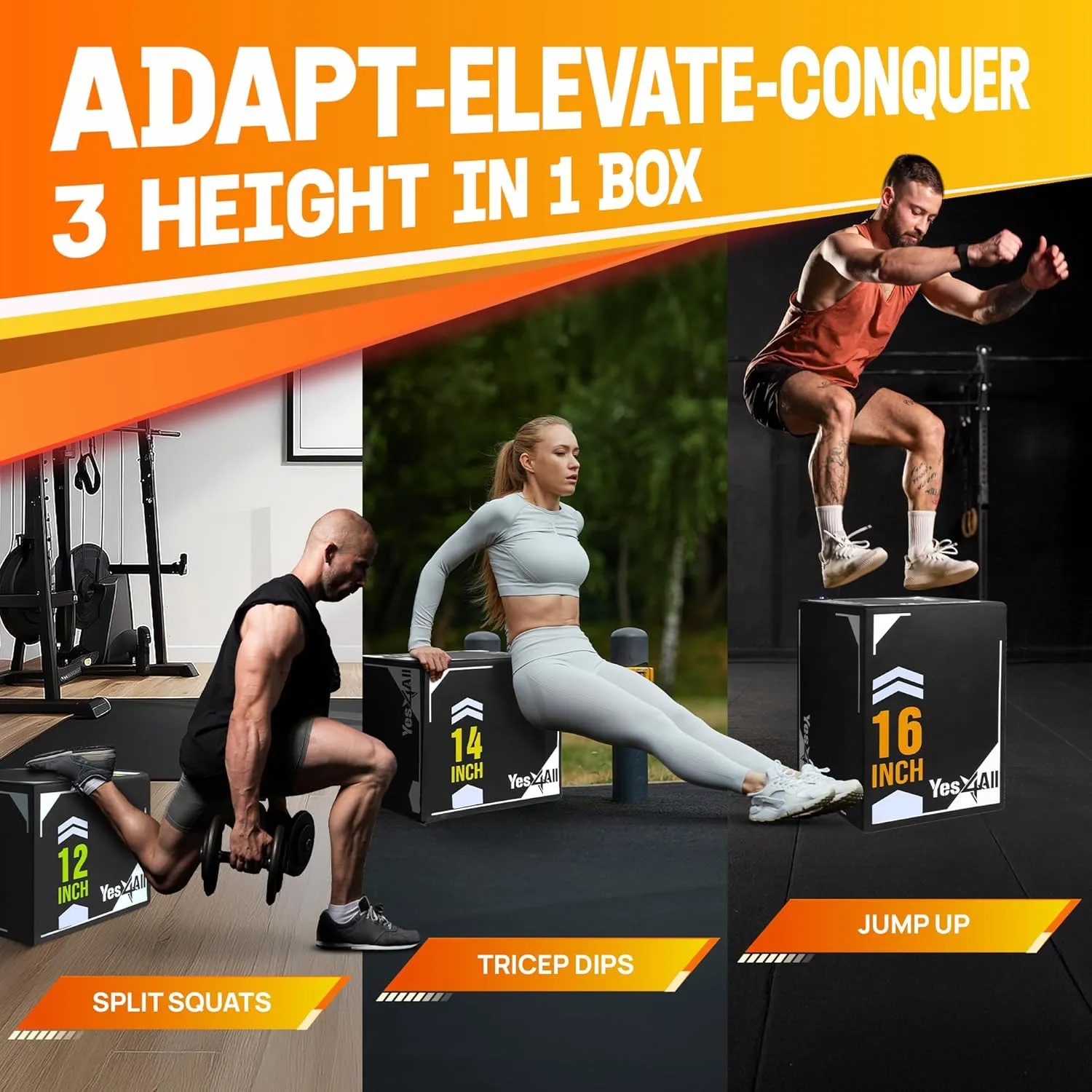 Yes4All 3-in-1 Soft-Padded Plyo Box With Wooden Core, Non-Slip Multi-Use Cushioned Plyometric Jump Box for Jumping, Conditioning, Strength Training