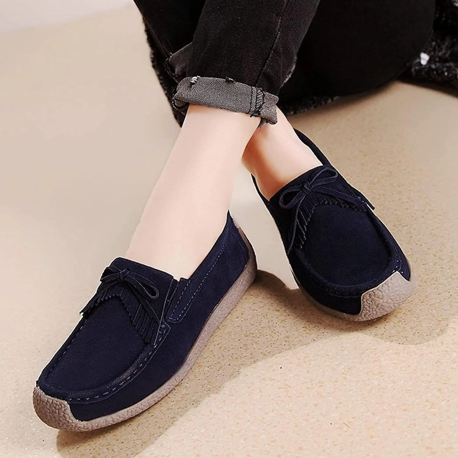 Yiozoi Women's Casual Shoes Round Toe Sandals Penny Loafers Out Wear Walking Shoes Flats Tassel Bow Tie Spring Summer Office Women's Mocassin Shoes