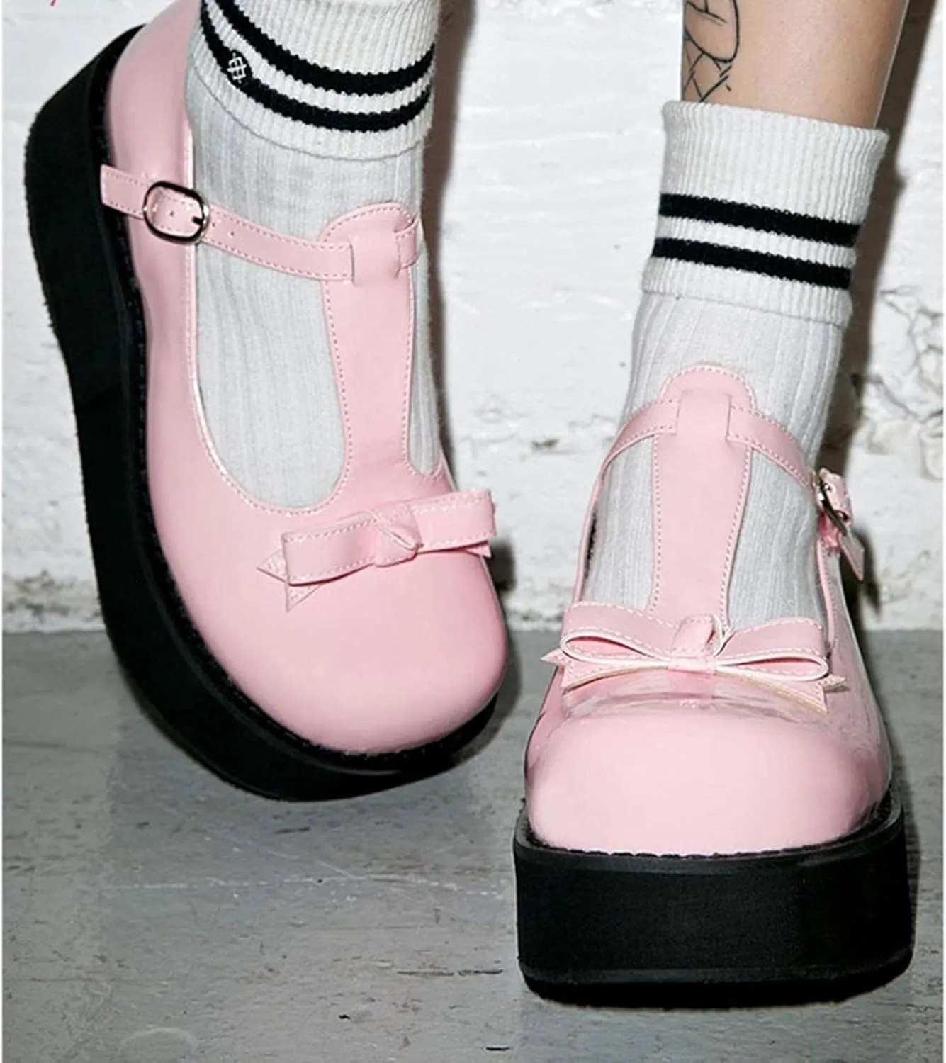 Yiozoi Women's Flat Shoes Punk Style Mary Janes Thick Bottom Non Slip Simple Bow Ankle Strap Height Increased Women's Casual Shoes