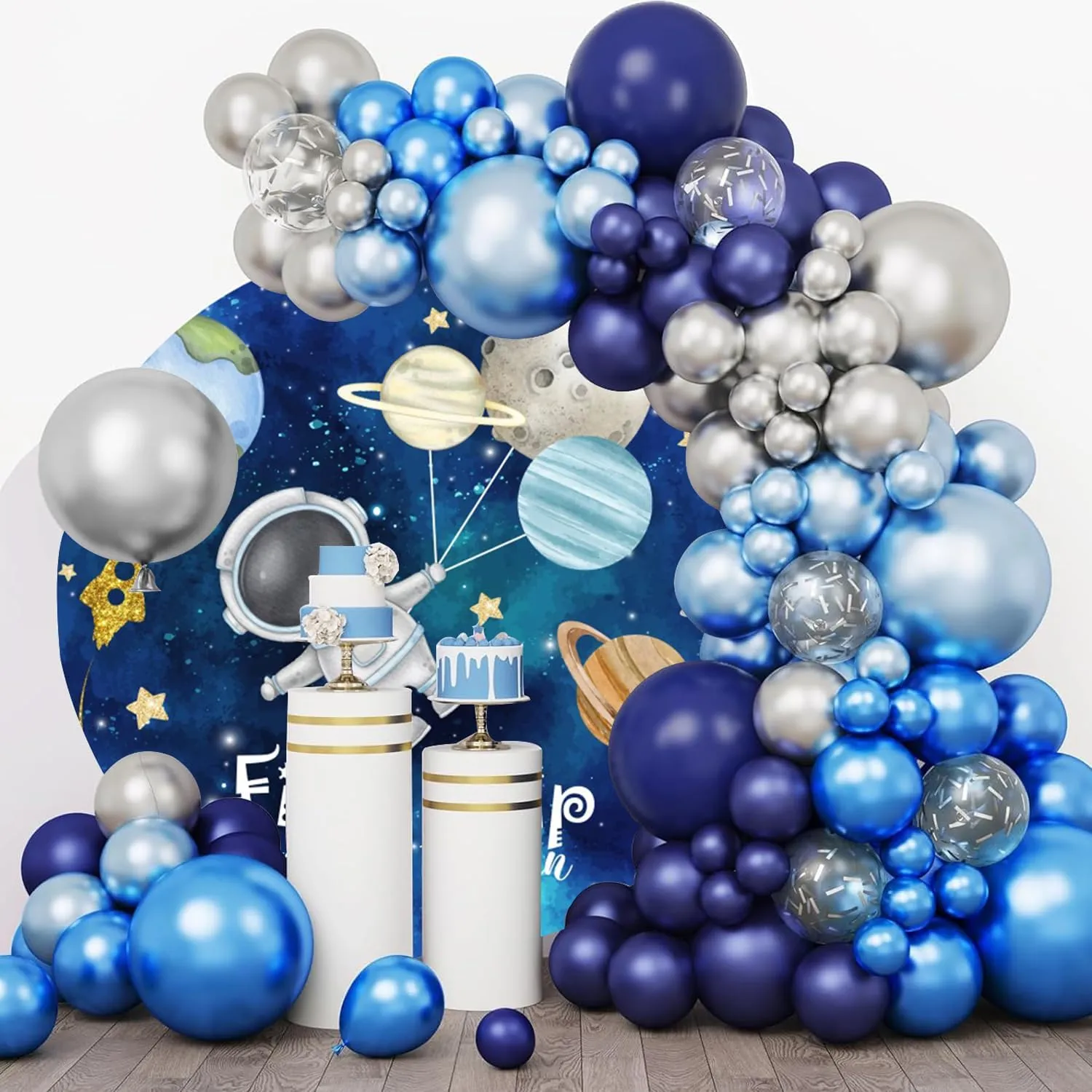 YongFoto Outer Space Baby Shower Round Backdrop Cover 7.5ft First Trip Around The Sun Stars Planets Earth Cosmic Galaxy Astronaut Photography Background Birthday Party Banner Decor Photoshoot Props