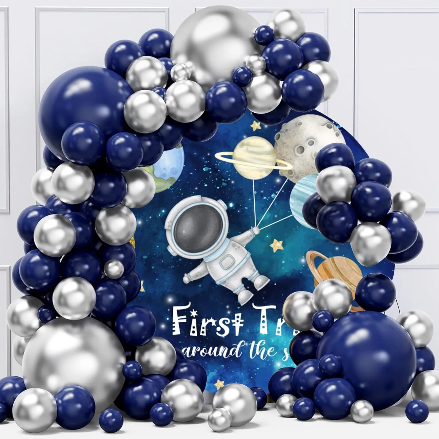 YongFoto Outer Space Baby Shower Round Backdrop Cover 7.5ft First Trip Around The Sun Stars Planets Earth Cosmic Galaxy Astronaut Photography Background Birthday Party Banner Decor Photoshoot Props