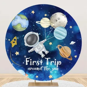 YongFoto Outer Space Baby Shower Round Backdrop Cover 7.5ft First Trip Around The Sun Stars Planets Earth Cosmic Galaxy Astronaut Photography Background Birthday Party Banner Decor Photoshoot Props