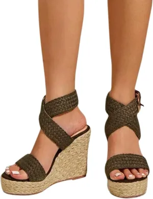 ZBYY Wedge Sandals for Women Wide Width Slingback Platform Open Toes Summer Cross Ankle Strap Espadrille Wedge Sandals