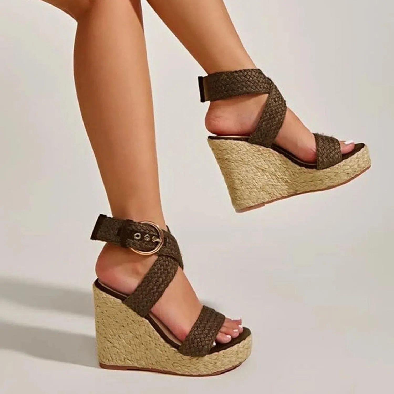 ZBYY Wedge Sandals for Women Wide Width Slingback Platform Open Toes Summer Cross Ankle Strap Espadrille Wedge Sandals