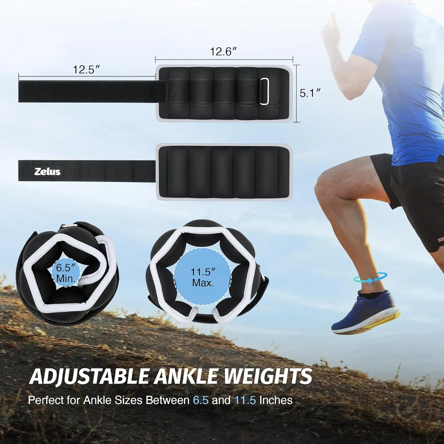 ZELUS 1 Pair Adjustable Ankle Weights, 2 4 6 8 10 lb Modularized Leg Weight Straps for Women Men, Weighted Ankle Weight Set with Removable Sandbags, 1-5 lb per Ankle Strap for Gym Yoga Jogging Walking