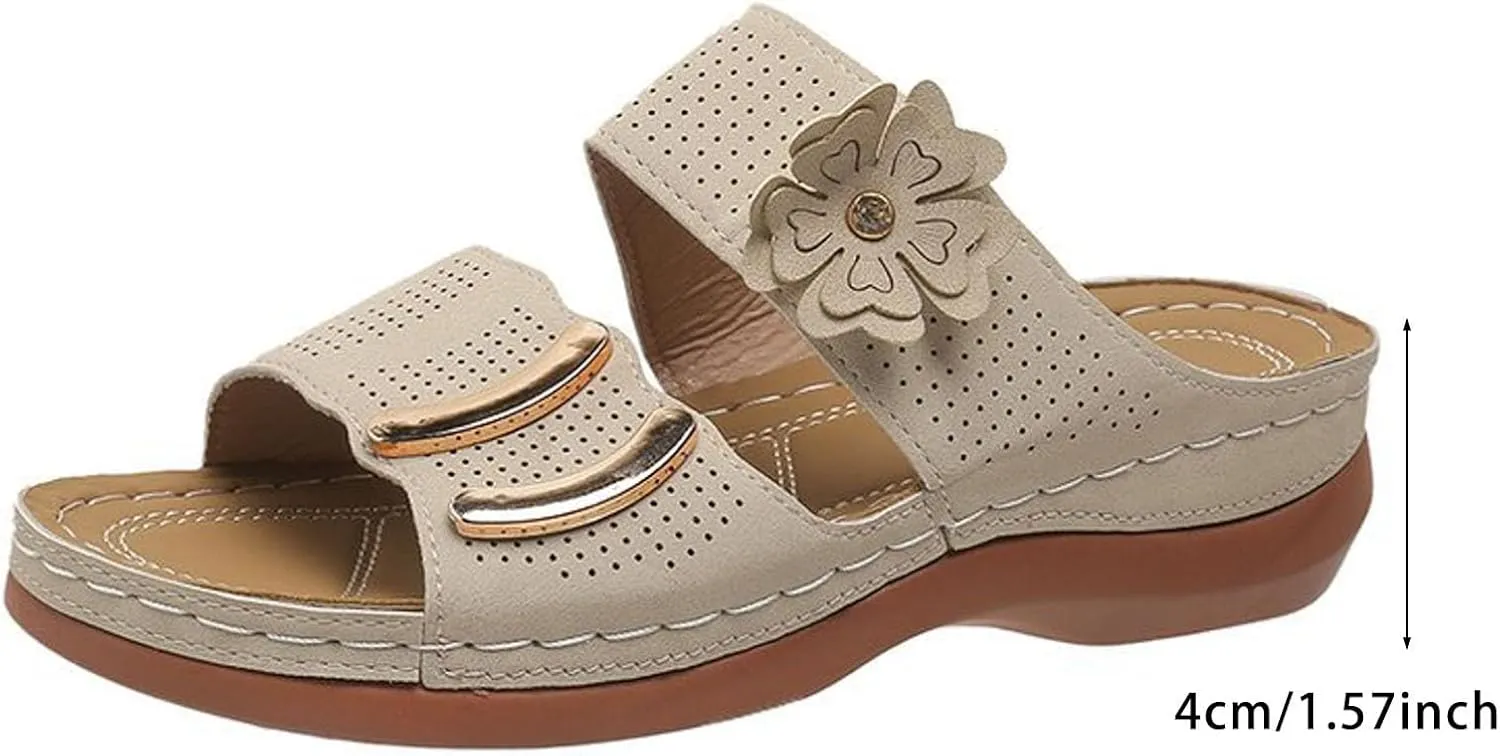 ZSpzx Arch Support Wedge Sandals for Women,Orthopedic Peep Toe Two Cutout Flower Strap Recovery Mules Plantar Fasciitis Cushioned Footbed Slides Summer Comfortable Indoor Outdoor Shoes for Daily Wear