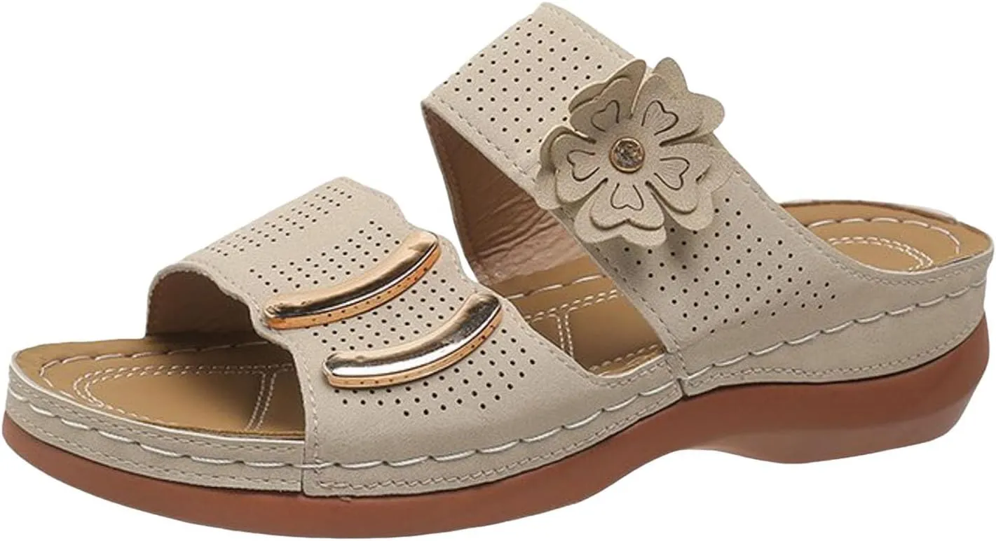 ZSpzx Arch Support Wedge Sandals for Women,Orthopedic Peep Toe Two Cutout Flower Strap Recovery Mules Plantar Fasciitis Cushioned Footbed Slides Summer Comfortable Indoor Outdoor Shoes for Daily Wear