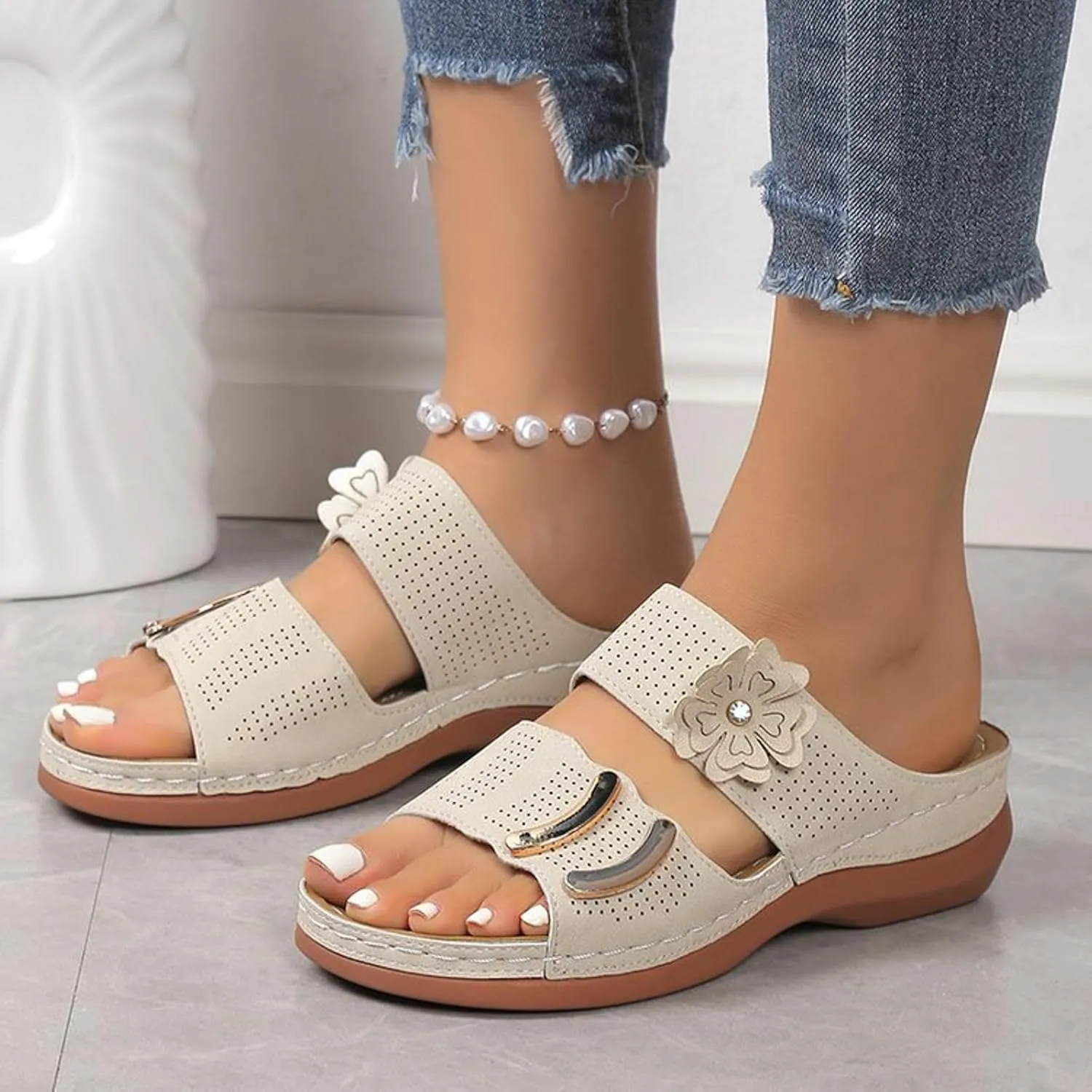 ZSpzx Arch Support Wedge Sandals for Women,Orthopedic Peep Toe Two Cutout Flower Strap Recovery Mules Plantar Fasciitis Cushioned Footbed Slides Summer Comfortable Indoor Outdoor Shoes for Daily Wear