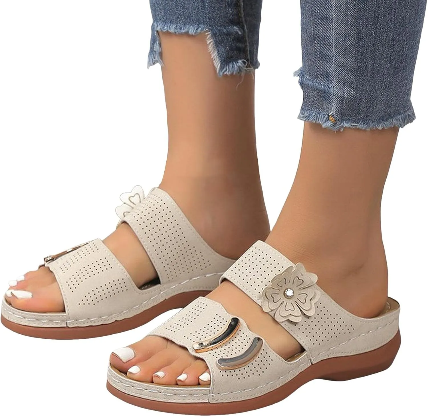 ZSpzx Arch Support Wedge Sandals for Women,Orthopedic Peep Toe Two Cutout Flower Strap Recovery Mules Plantar Fasciitis Cushioned Footbed Slides Summer Comfortable Indoor Outdoor Shoes for Daily Wear