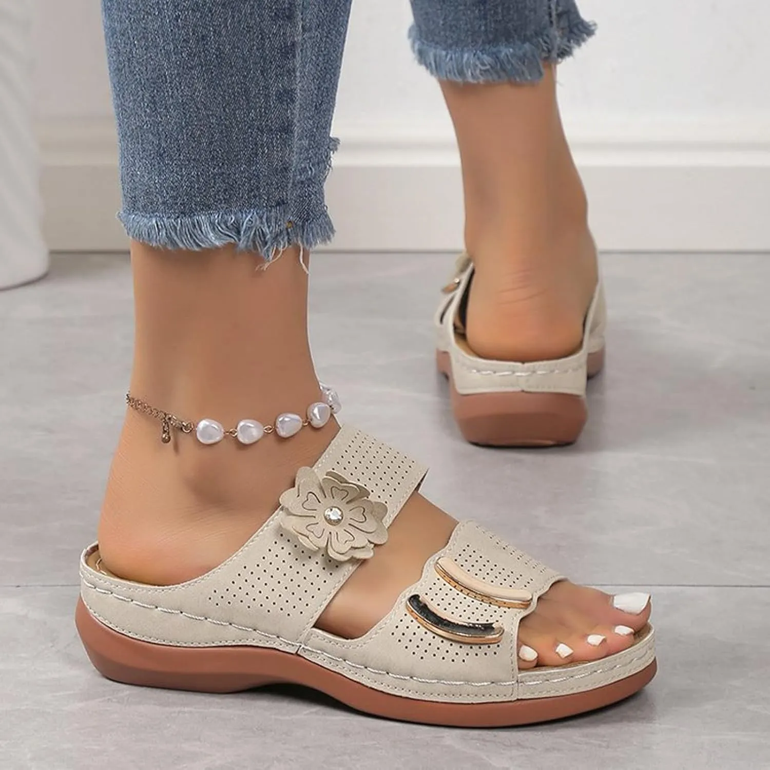 ZSpzx Arch Support Wedge Sandals for Women,Orthopedic Peep Toe Two Cutout Flower Strap Recovery Mules Plantar Fasciitis Cushioned Footbed Slides Summer Comfortable Indoor Outdoor Shoes for Daily Wear