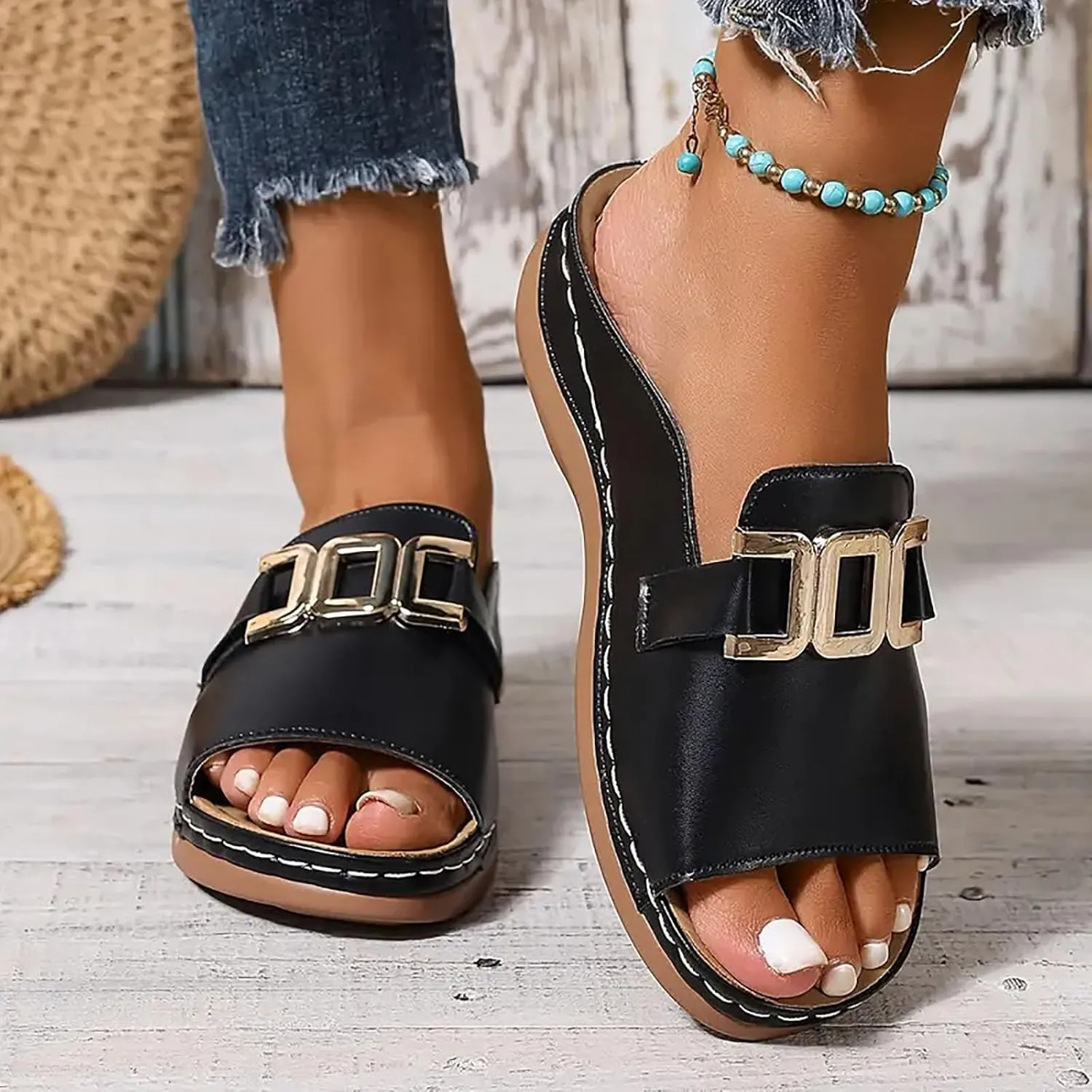 ZSpzx Summer Slide Sandals for Women,Wide Width Open Toe Metal Ring Strap Slip On Platform Slippers Ladies Cushioned Footbed Plantar Fasciitis Recovery Mules Beach Slides Casual Daily Wear Shoes