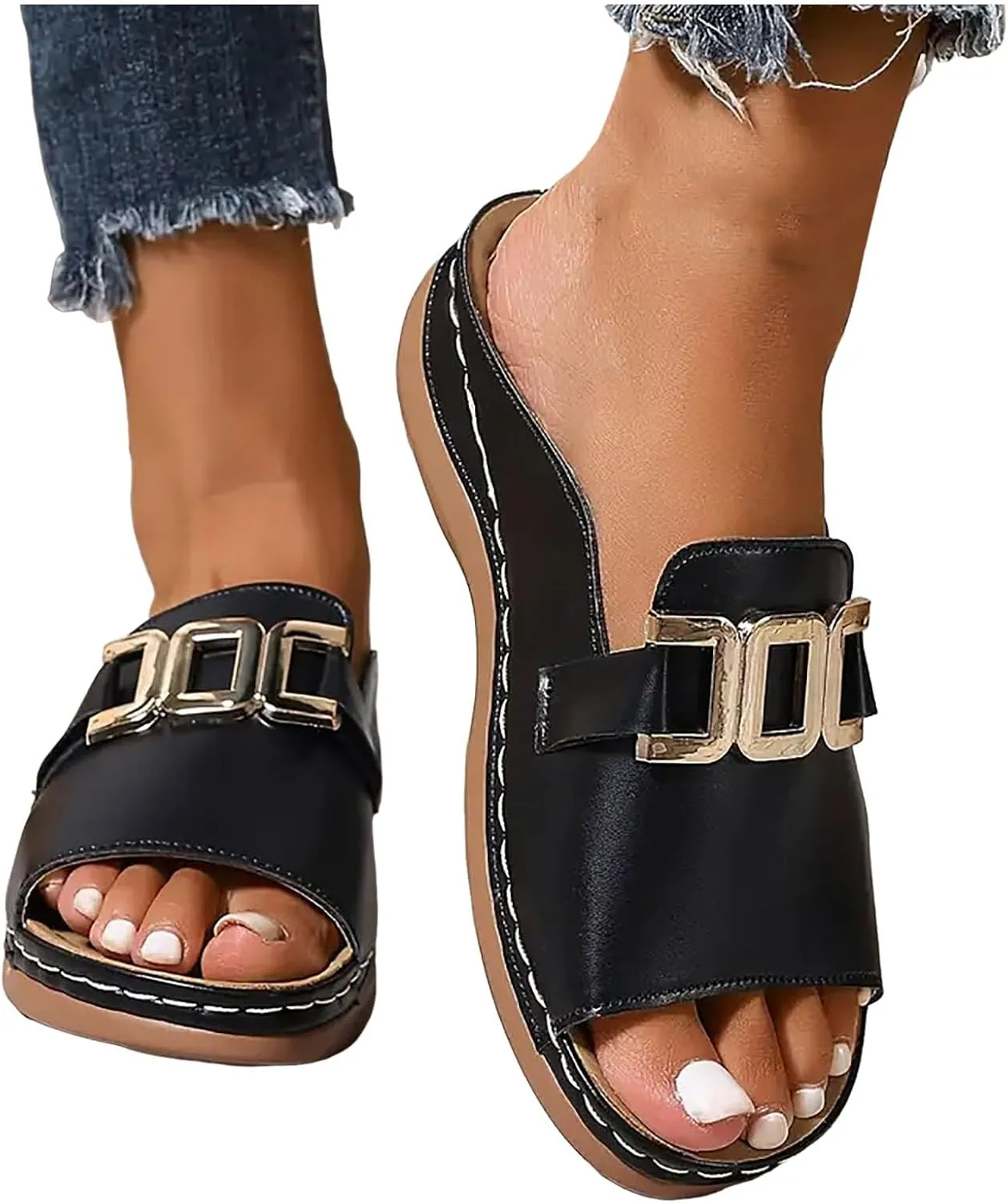 ZSpzx Summer Slide Sandals for Women,Wide Width Open Toe Metal Ring Strap Slip On Platform Slippers Ladies Cushioned Footbed Plantar Fasciitis Recovery Mules Beach Slides Casual Daily Wear Shoes