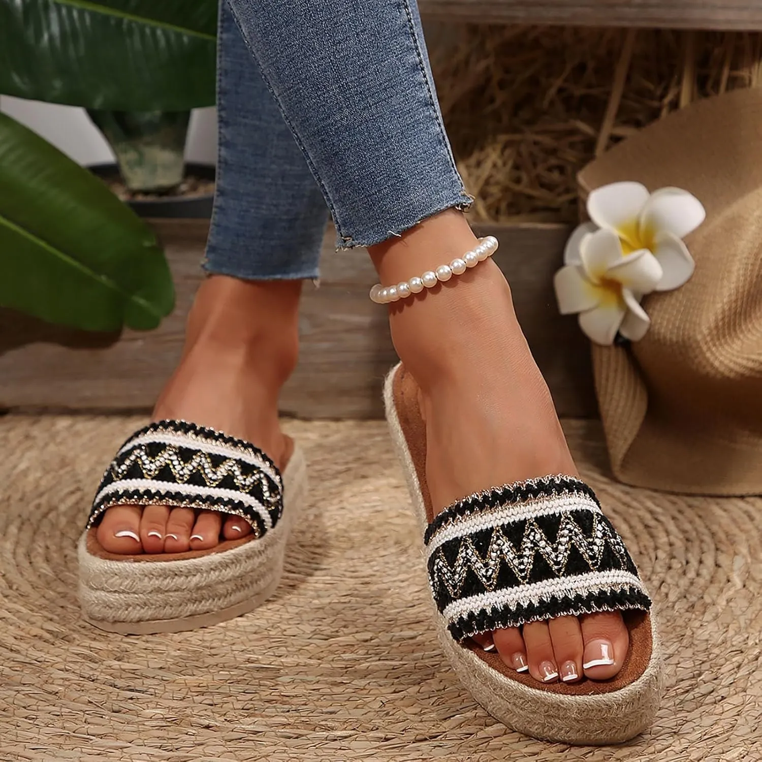 ZSpzx Women's Comfortable Espadrilles Slide Sandals Summer Orthopedic Arch Support Platform Knited Strap Sandal Ladies Low Heel Slip On Cushioned Footbed Shoes for Outdoor Indoor Daily Wear
