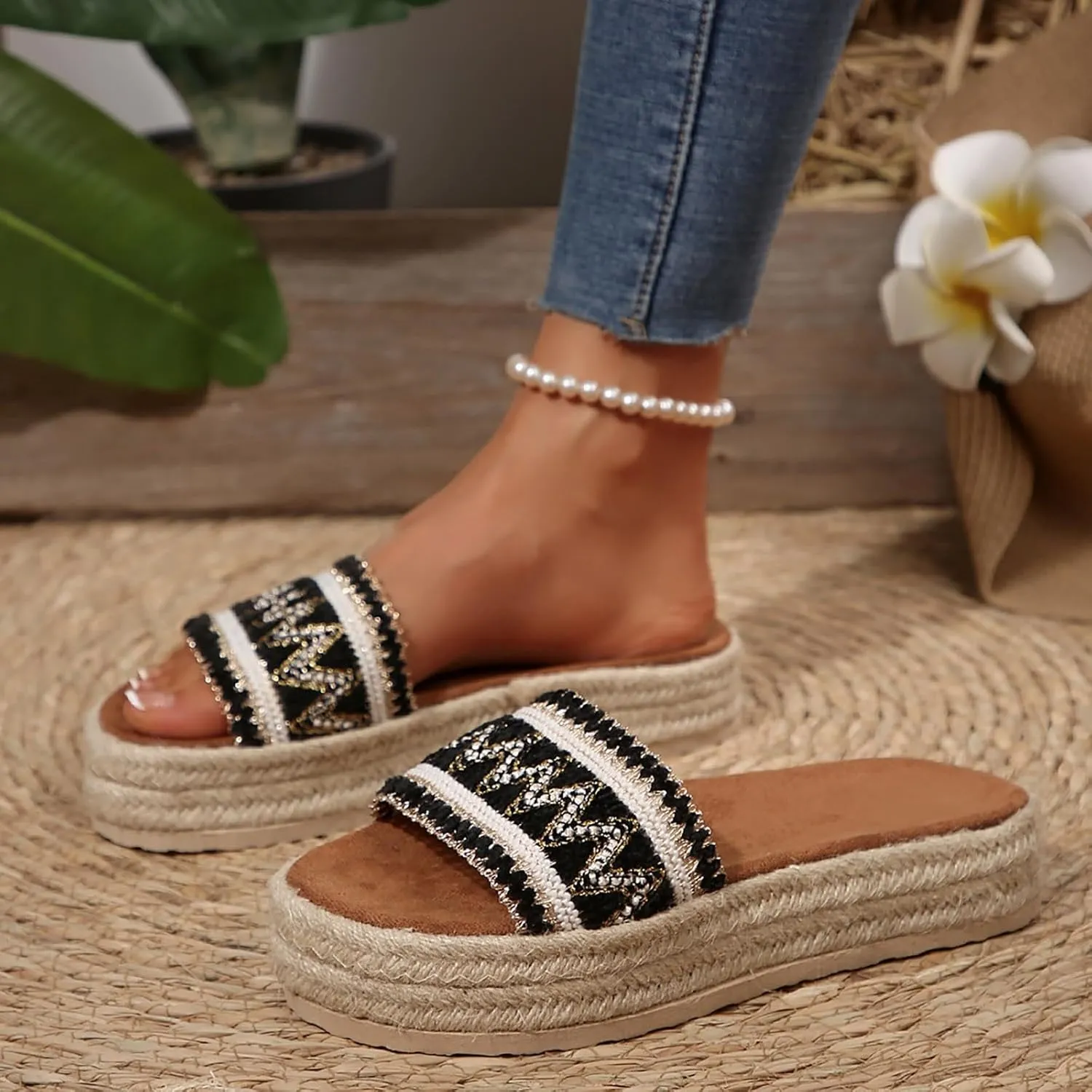 ZSpzx Women's Comfortable Espadrilles Slide Sandals Summer Orthopedic Arch Support Platform Knited Strap Sandal Ladies Low Heel Slip On Cushioned Footbed Shoes for Outdoor Indoor Daily Wear